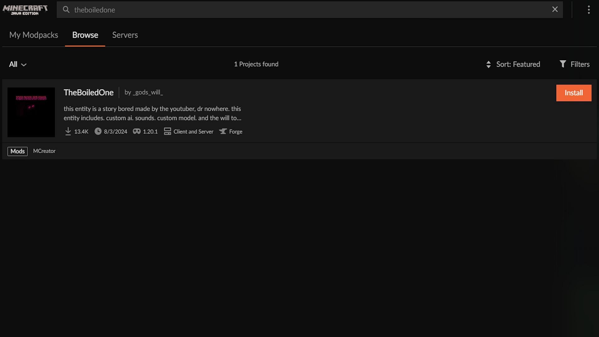 The search results for "TheBoiledOne" (Image via CurseForge)